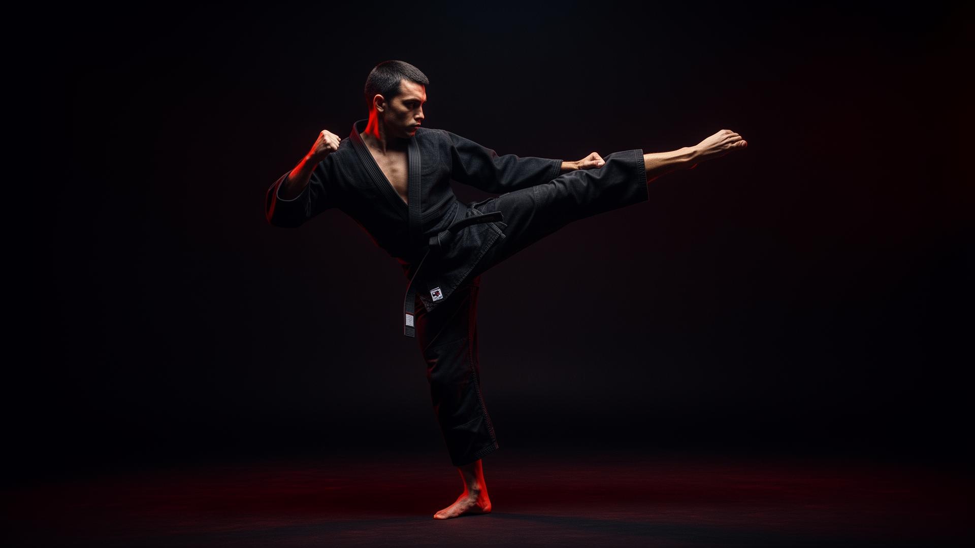 Martial artist performing a powerful kick